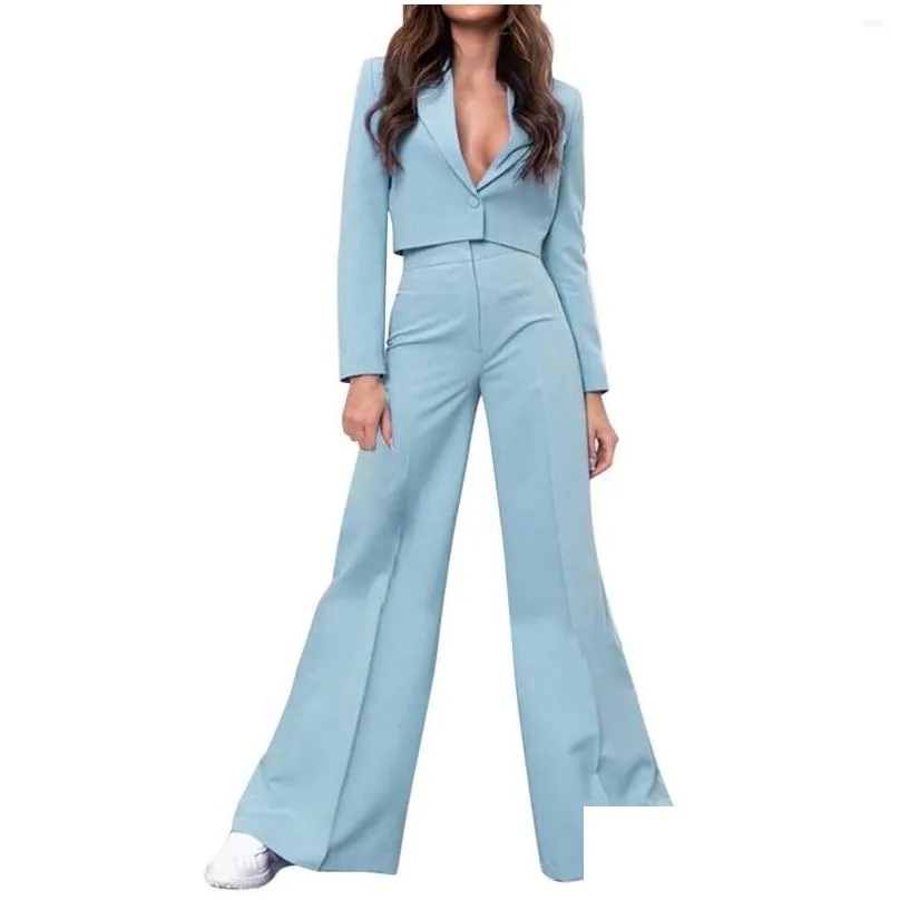 gym clothing women`s elegant business suit set short jacket trousers with wide leg pencil pant for women work suits