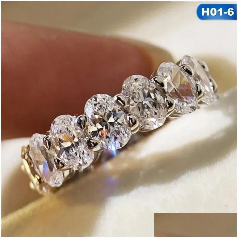 Wedding Rings Fashion Personality Emerald Cut Moissanite Row Ring Trendy Bands Women Geometric Drop Delivery Dh0Uo