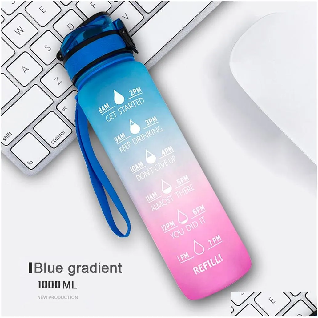 Water Bottles 1L Plastic Sports Outdoor Water Bottle With Time Scale Reminder Gradient Gym Jug Cup Drinking Bottles 201204 Drop Delive Dhwpt