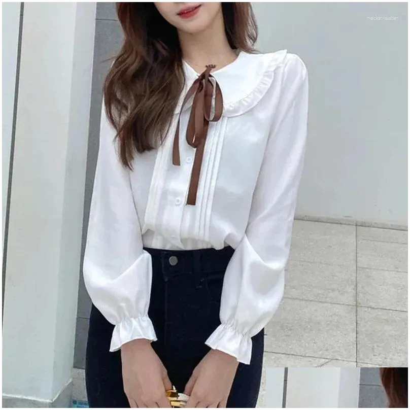 Women`S Blouses & Shirts Womens Blouses Korean Fashion Loose Women White Blouse Elegant Casual Chiffon Shirt Woman Long Sleeve Sweet Dhinl