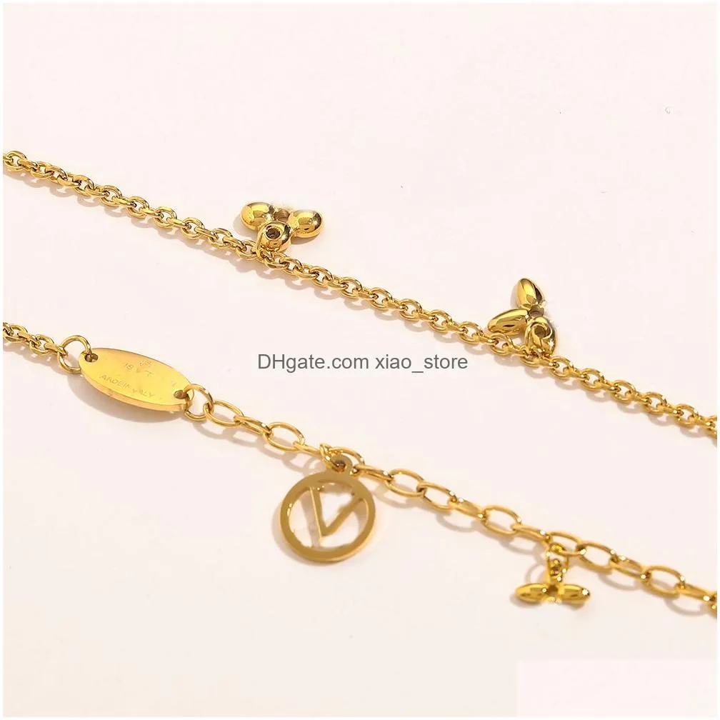 never fading gold plated brand designer flower pendants necklaces luxury stainless steel letters choker pendant necklace beads chain jewelry accessories