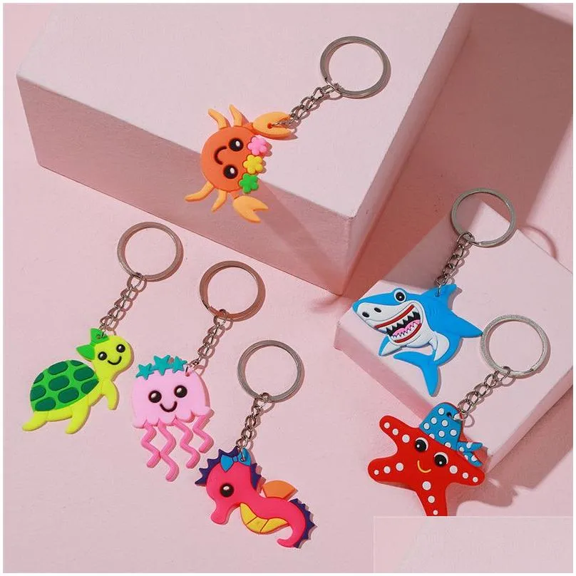 Jewelry Cute Pvc Marine Animals Keychain Kids Jewelry Cartoon Shark Crab Tortoise Shape Keyring Car Key Holder Backpack Bag Charm Acce Dhkmk