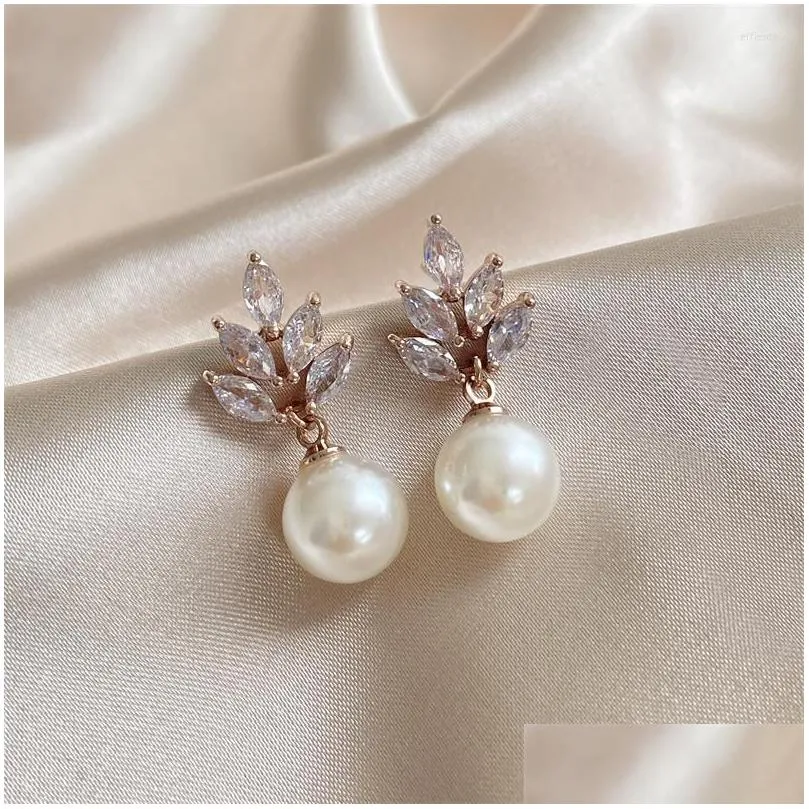 Dangle & Chandelier Dangle Earrings Elegant Leaf Shape Cubic Zirconia Imitation Pearl Devise For Women Fashion Bridal Wedding Party J Dh6Bu