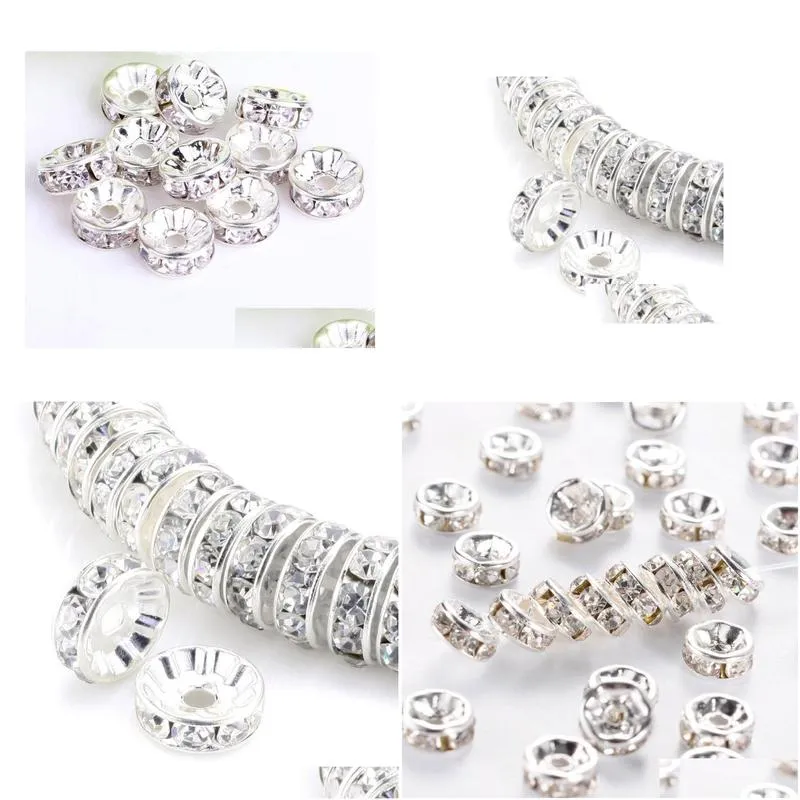 Crystal 200Pcs/Lot Sier Plated Rhinestone Crystal White Round Beads Spacers 6Mm 8Mm 10Mm 12Mm Loose Diy Jewelry Making Drop Delivery Dhmso
