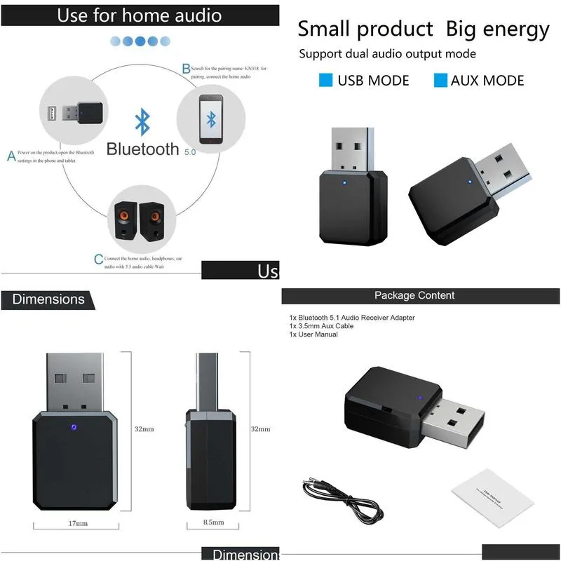 Car Other Auto Electronics New Bluetooth 5.0 Kit Wireless Music 3.5Mm Aux Usb Power O Receiver Adapter Stereo For Radio Mp3 Pc Drop De Dh9Tm