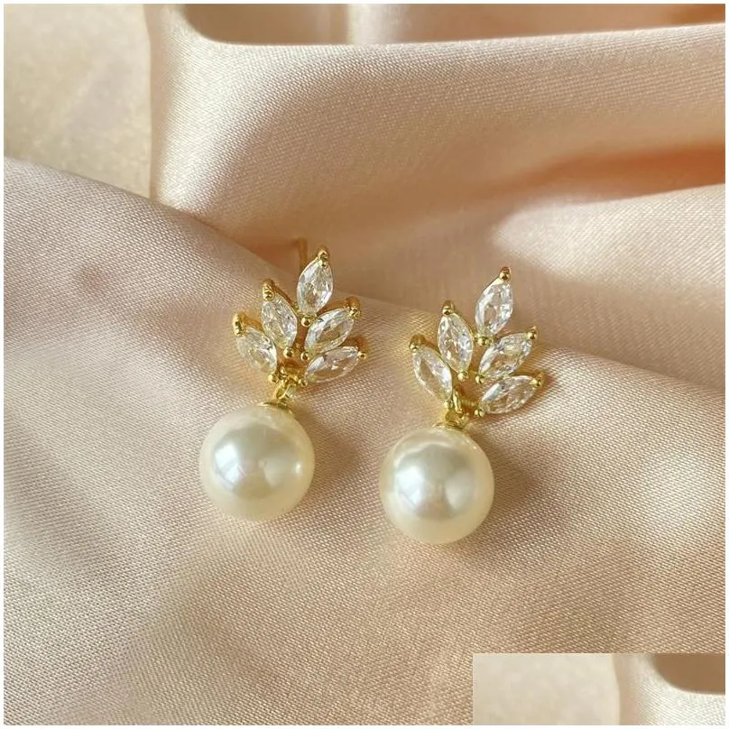 Dangle & Chandelier Dangle Earrings Elegant Leaf Shape Cubic Zirconia Imitation Pearl Devise For Women Fashion Bridal Wedding Party J Dh6Bu