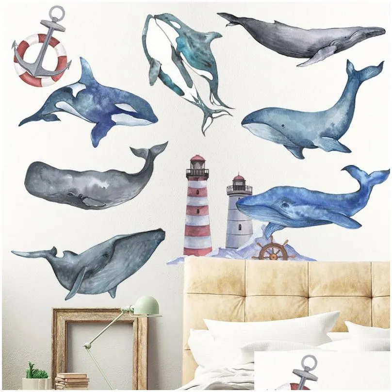 Wall Stickers Whale  Wall Stickers For Kids Room Garten Bedroom Eco-Friendly Vinyl Anchor Decals Art Diy Home Decor 201201 Drop Dh1Sw