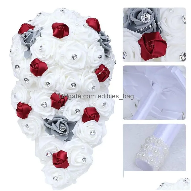 decorative flowers wreaths big long waterfall wedding bouquets for bride and bridesmaid pe rose rhinestones hand flower party decoration