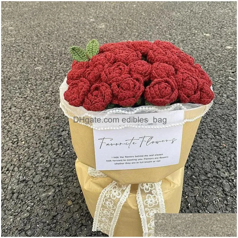 decorative flowers knitted rose flower single bouquet artificial wedding party decoration hand woven fake finished ornaments