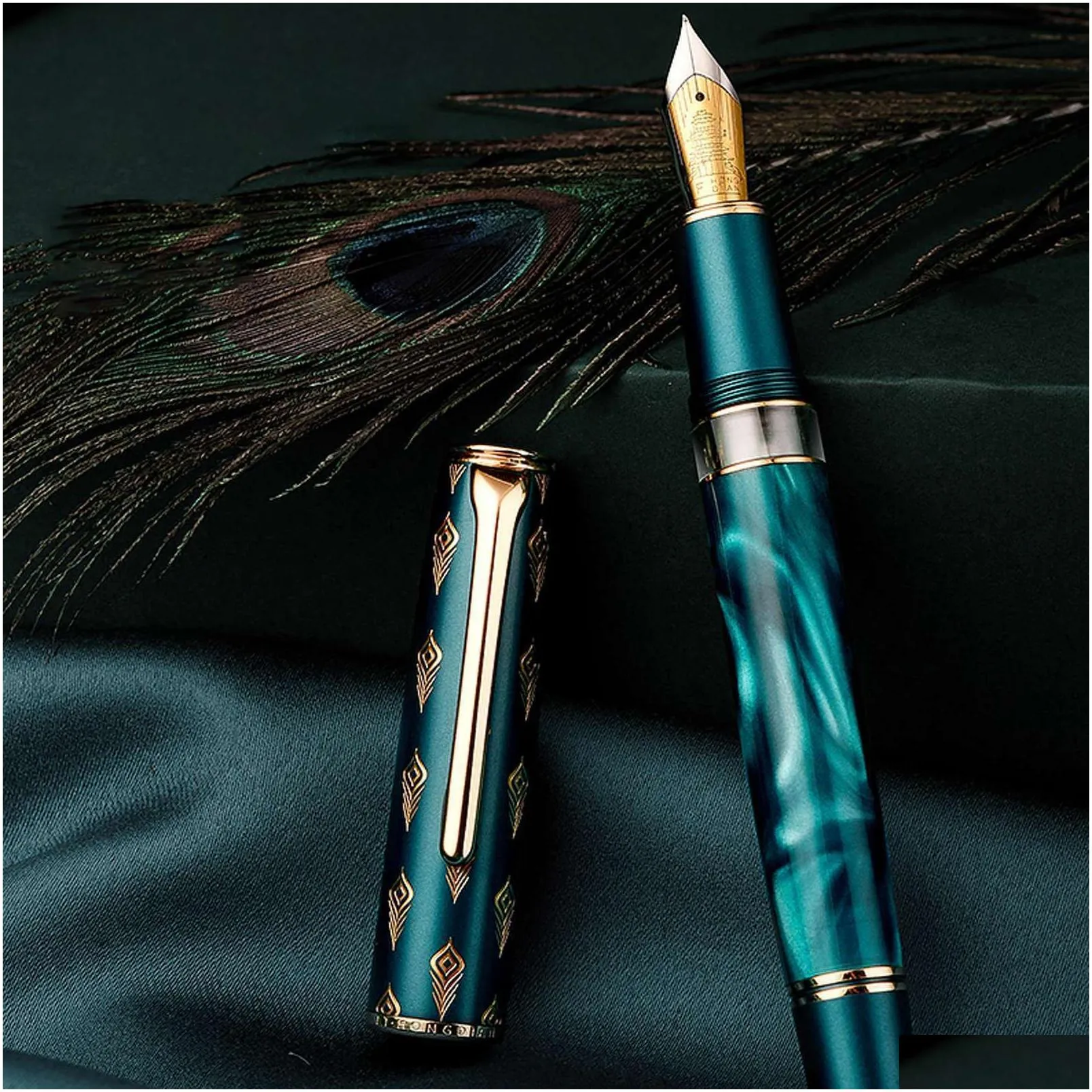 Fountain Pens Wholesale Fountain Pens Hongdian N7 Resin Piston Beautif Green / Gray Peacock Totem Cap Ef/F 0.4/0.5Mm Smooth Writing Of Dhwam