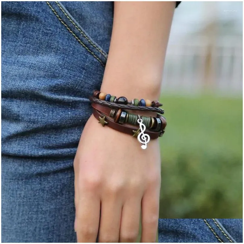 Charm Bracelets Iridescent Bracelet Vintage Style Bangle Note Pendant Genuine Leather Jewelry Beads Accessories Birthday Drop Deliver Dhuf8