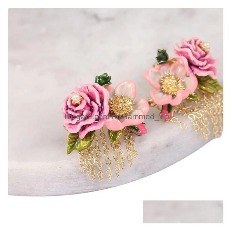 stud sweet rose series pink flower tassel earrings enamel hand-painted craft earring jewelry for woman 2021 trend