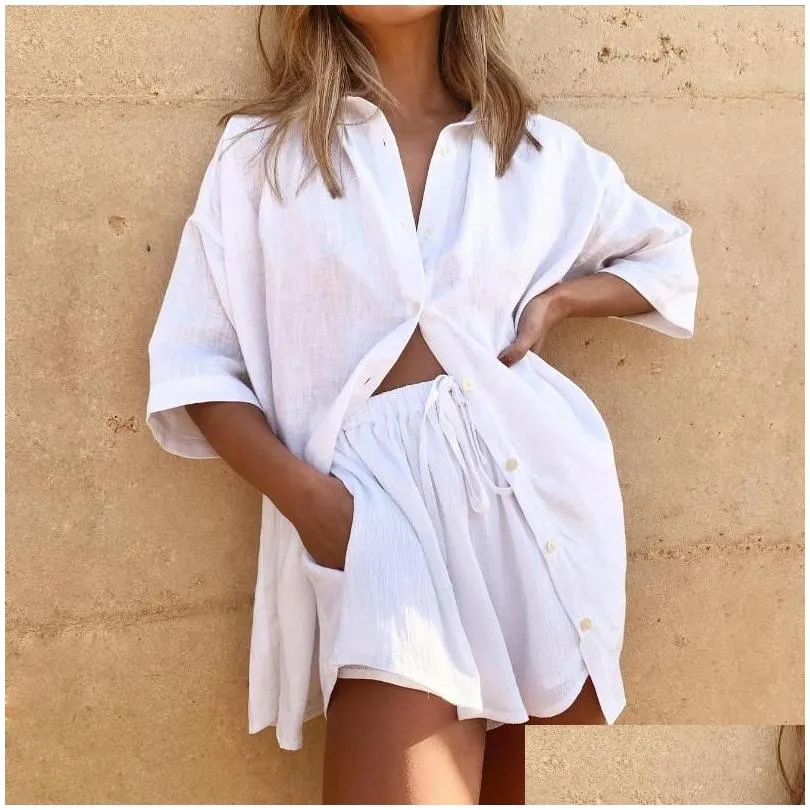 womens tracksuits women lounge wear shorts set short sleeve shirt tops and loose mini suit two piece cotton linen summer tracksuit