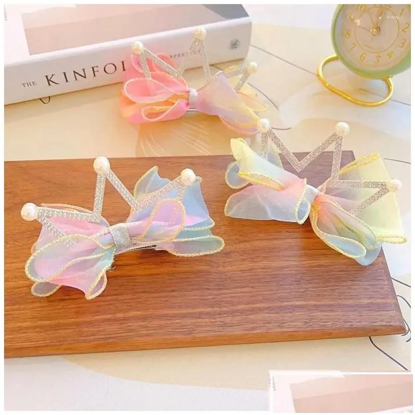 Hair Accessories Gradient Crown Barrettes Bow Imitation Pearl Cute Clip Children Girl Hairpin Korean Style Accessory Drop Delivery Ba Dhc5Z