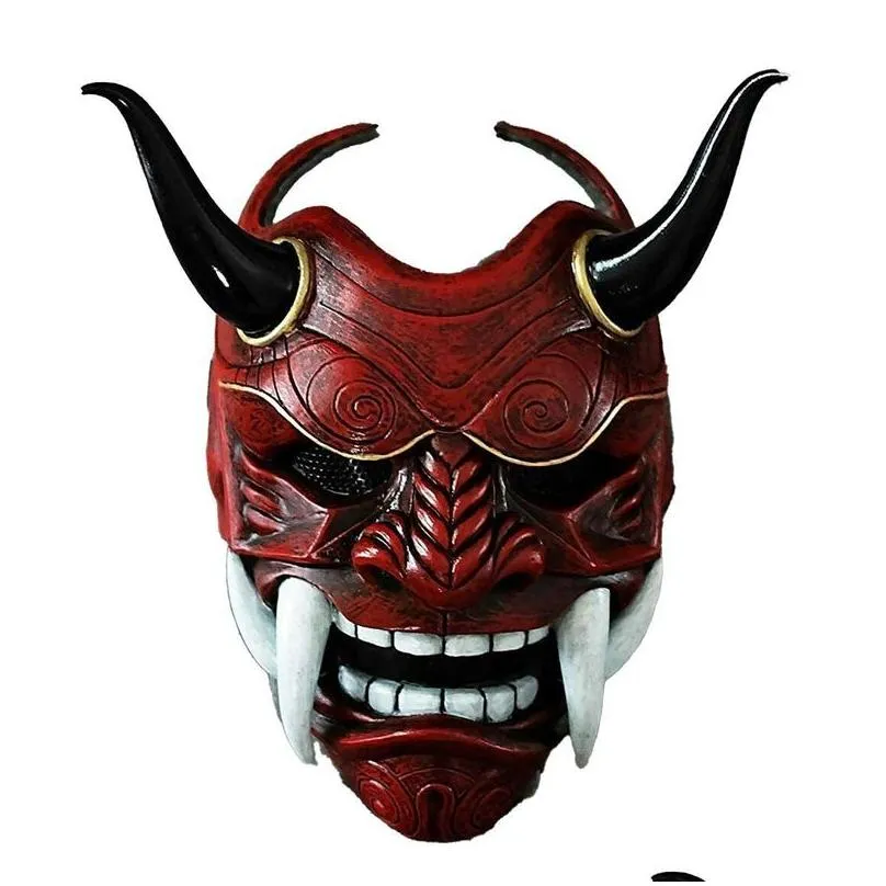 Party Masks Halloween Face Hannya Demon Oni Samurai Noh Kabuki Red Prajna Cow Devil Latex Adt Uni With Rope Horns 220826 Drop Deliver Dhc7P