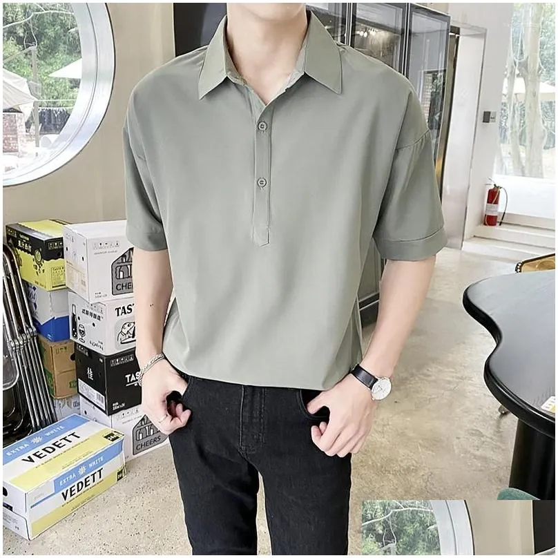 Men`S Casual Shirts Mens Casual Shirts 2023 Summer Short Sleeved Business Silm Thin Fashion Solid Colour Male Brand Black White Gray Dhlhl