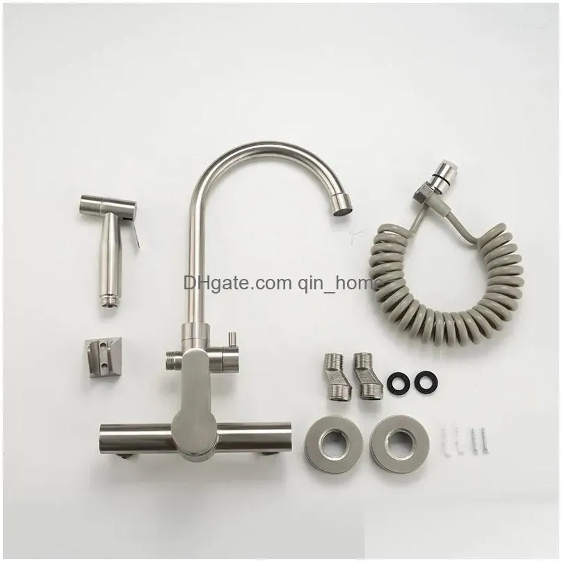 kitchen faucets brushed nickel wall sink faucet with bidet sprayer shower head stainless steel swivel dual hole cold water mixer tap