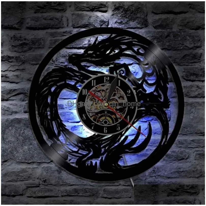 wall clocks dragon art clock battery operated modern design record with led lamp home living room decoration