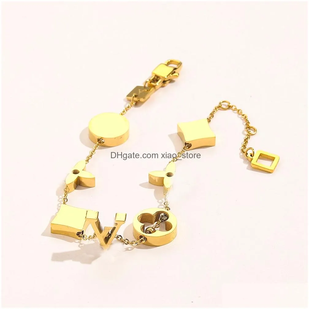  fashionable classic bracelets women bangle 18k gold plated stainless steel crystal flower beads lovers gift wristband cuff chain designer