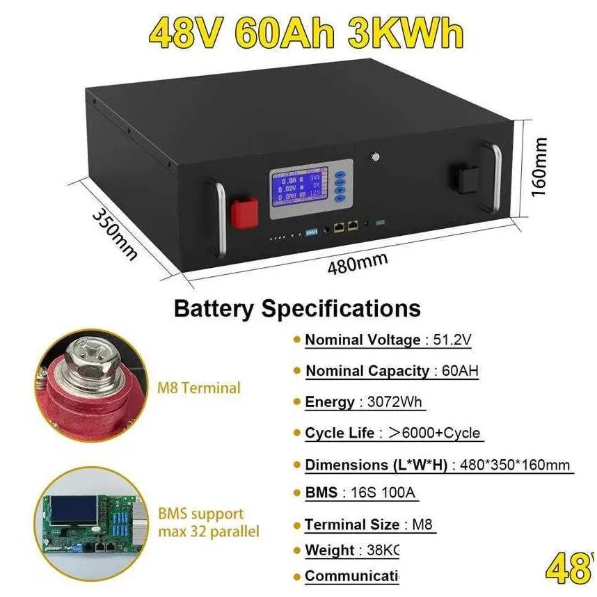 Batteries 48V Lifepo4 180Ah 200Ah 100Ah Battery Pack 51.2V 10Kwh 100% Capacity With Rs485 Can For Energy Storage Backup Drop Delivery Dhcn7