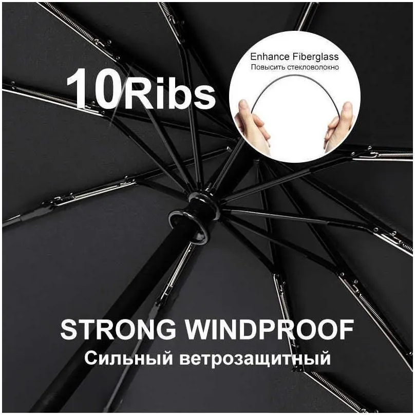 Umbrellas British Leather Handle Umbrella Men Matic Business 10Ribs Strong Windproof 3 Folding Big Rain Woman Quality Parasol Drop Del Dhrzp