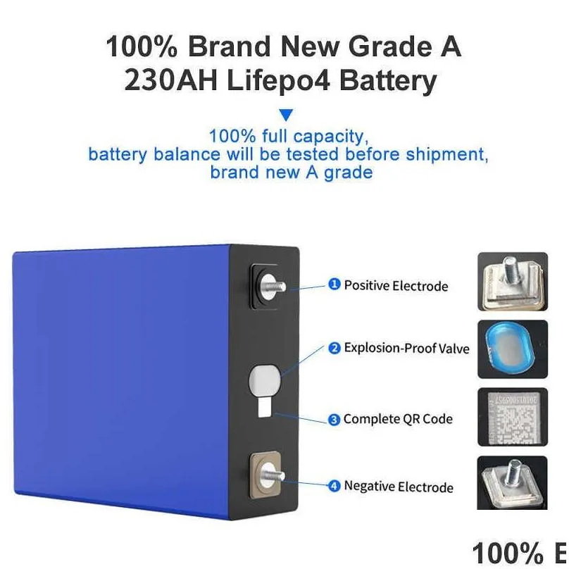 Batteries Rechargeable 8Pcs 3.2V 230Ah Brand New Grade A Lithium Ion Battery Cell Lifepo4 Deep Cycle 100% Fl Capacity Solar Power Bank Dh4Fr