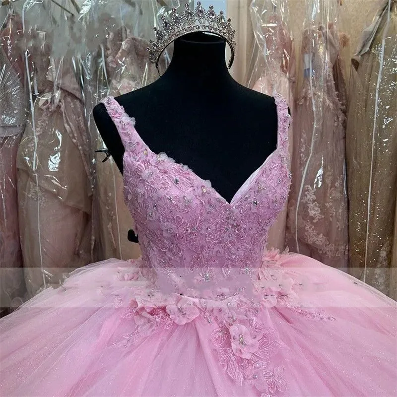 2024 Pink Sexy Quinceanera Dresses Sweetheart Lace Appliques Crystal Beads Hand Made Flowers Spaghetti Straps Sweet 16 Party Dress Vestidos De 15 Prom Party Gowns