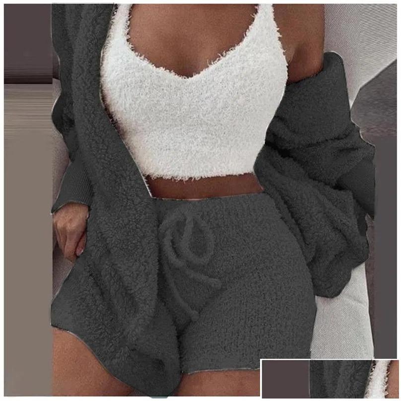 Sleep & Lounge 3Pcs/Set Winter Fleece Pajamas Set Women Homewear Long Sleeve Coat Outwear Add Sleeveless Vest Shorts 3 Piece Outfits S Dh27B