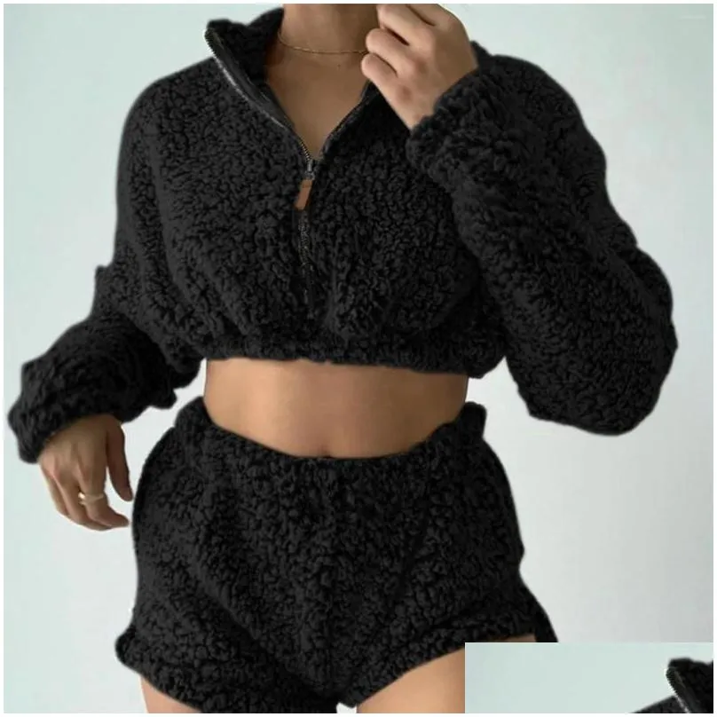 Women`S Two Piece Pants Womens Two Piece Pants 2Pcs Y Fluffy Suits P Hoodies Sleepwear Shorts Tops Women Tracksuit Casual Sports Set Dh5Xf