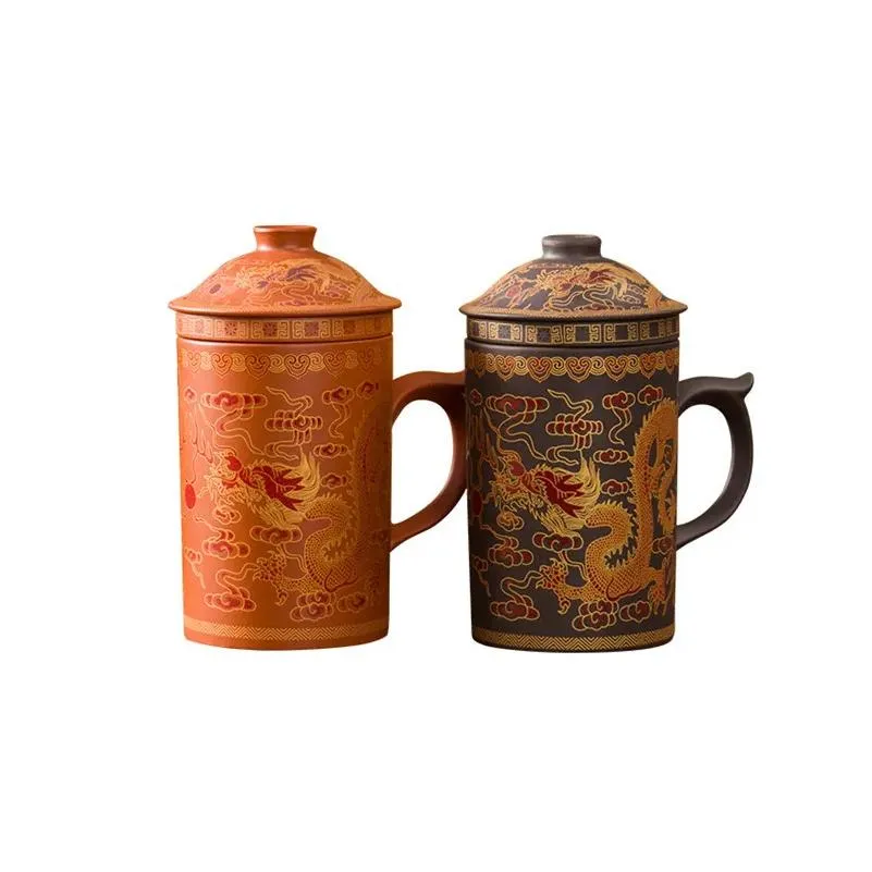 Mugs Retro Traditional Chinese Dragon Phenix Purple Clay Tea Mug With Lid Infuser Handmade Yixing Zisha Cup 300Ml Teacup Gift Drop Del Dhicq