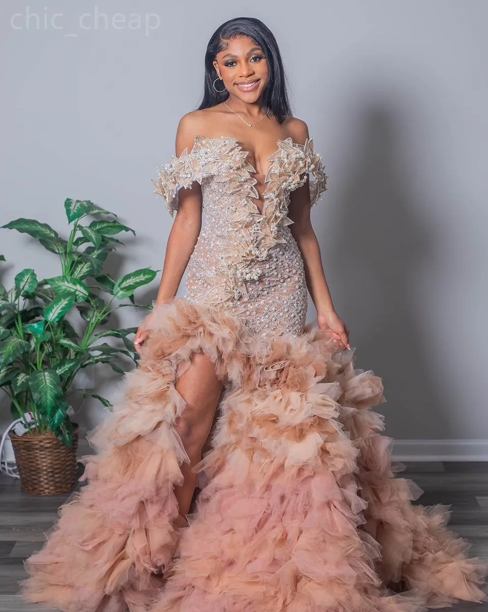 2024 Aso Ebi Mermaid Blush Pink Prom Dress Lace Pearls Tiers Evening Formal Party Second Reception 50th Birthday Engagement Gowns Dresses Robe De Soiree ZJ125