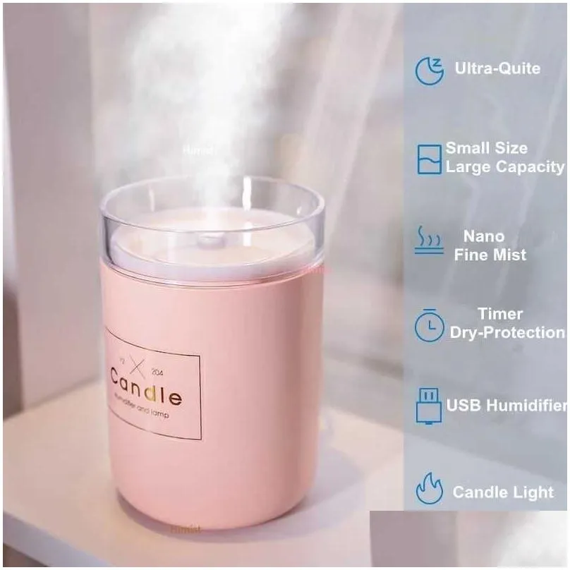 Essential Oils Diffusers 280Ml Trasonic Air Humidifier Candle Romantic Soft Light Usb Essential Oil Diffuser Car Purifier Aroma Anion Dhhtj