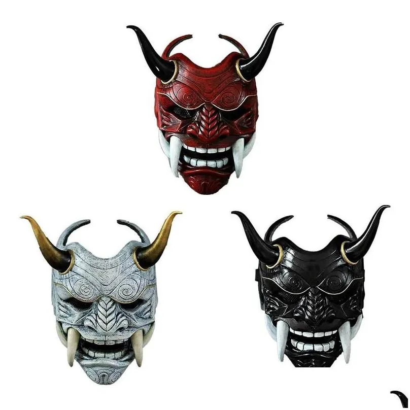 Party Masks Halloween Face Hannya Demon Oni Samurai Noh Kabuki Red Prajna Cow Devil Latex Adt Uni With Rope Horns 220826 Drop Deliver Dhc7P