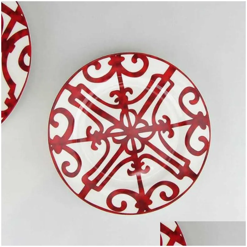 Dinnerware Sets Bone China Dinner Plate Spanish Red Grid Dish Art Design Dinnerware Sets 211012 Drop Delivery Home Garden Kitchen, Din Dh3R8