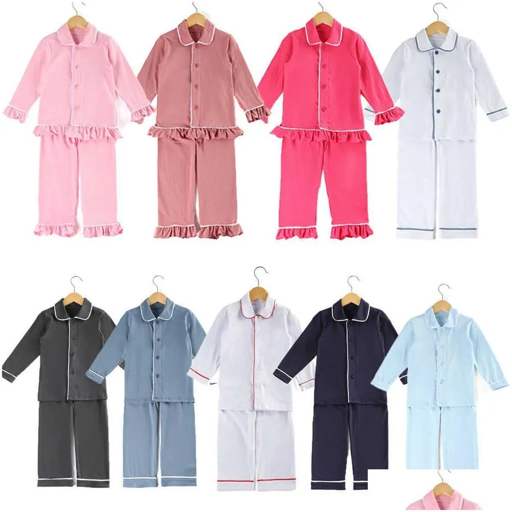 Pajamas 100% Cotton 2 Pieces Button Up Girls Boys Sleepwear Pyjamas Sibling Kids Children Solid Red Christmas Pajamas Set 210903 Drop Dhbw7