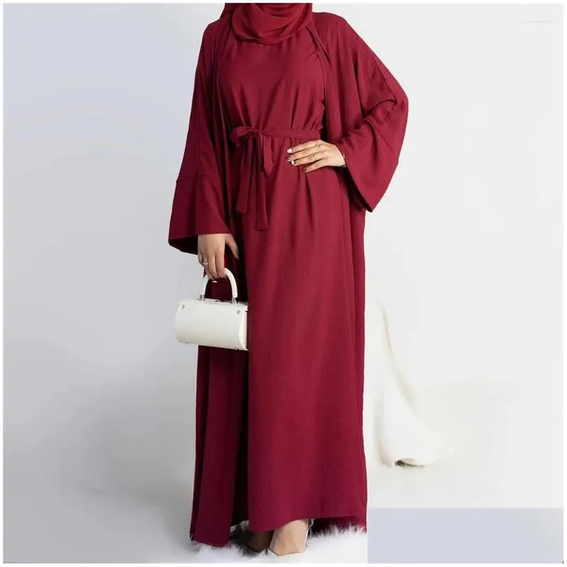 Ethnic Clothing Morocco Caftan Muslim Abaya Women Sleeveless Dress Set 2 Piece Gown Dubai Kimono Cardigan Robe Abayas Eid Ramadan Dro Dhn03