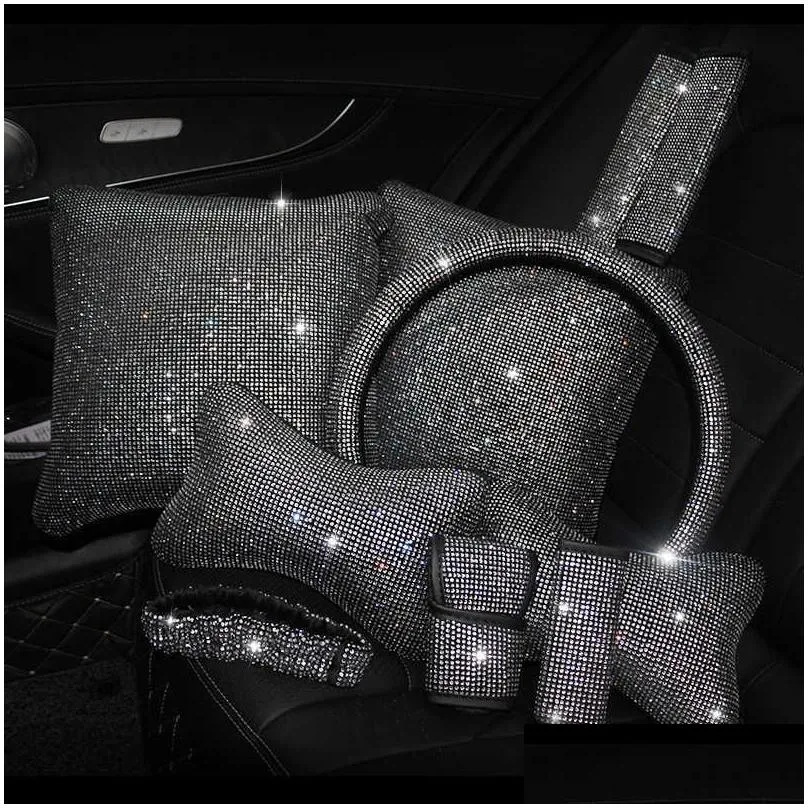 Seat Cushions New 1Pc Bling Rhinestone Crystal Car Neck Pillows Waist Support Diamond Headrest Pillow For Women Interior Accessories D Dhr0C