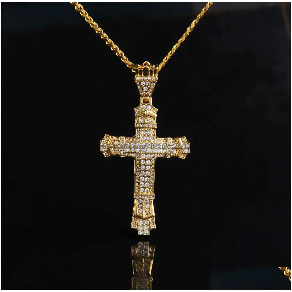 retro silver cross charm pendant full ice out cz simulated diamonds catholic crucifix pendant necklace with long cuban chain