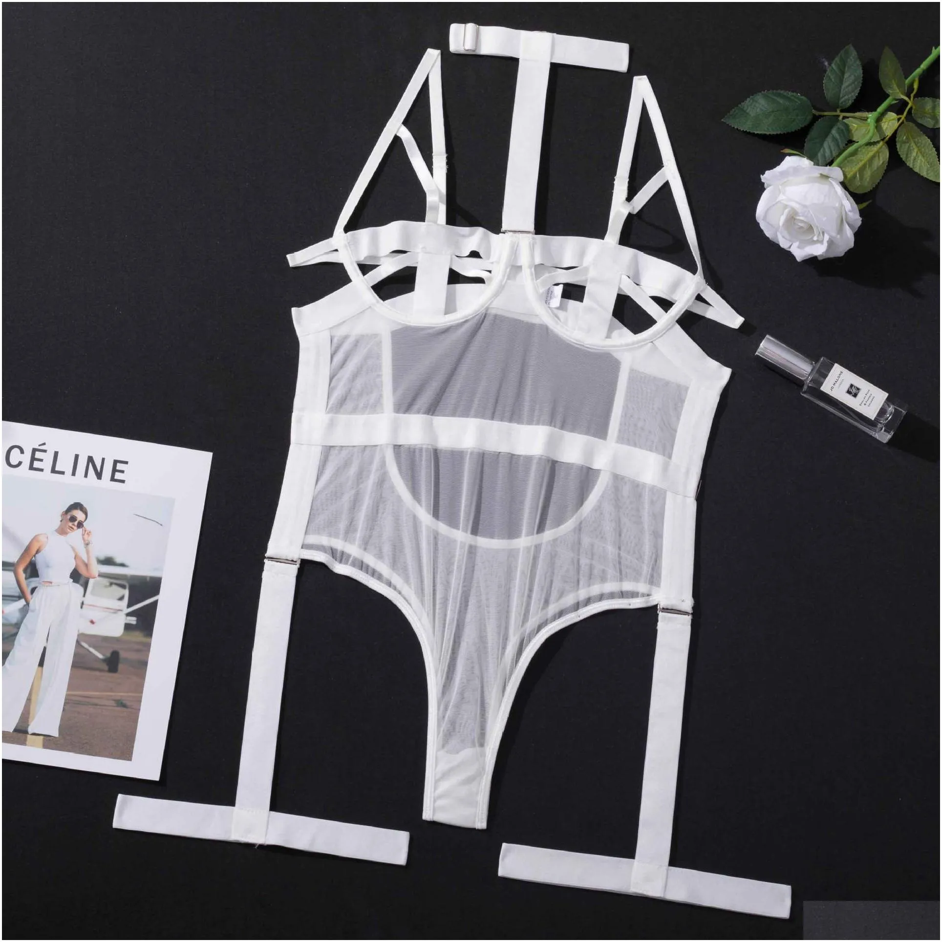 Sexy Set See Through Lingerie Mesh Clothing Y Set Ladies Halter Bodysuit Women Porno Body Suits Hollow Out Adt Erotique Lingere Drop Dhdu1