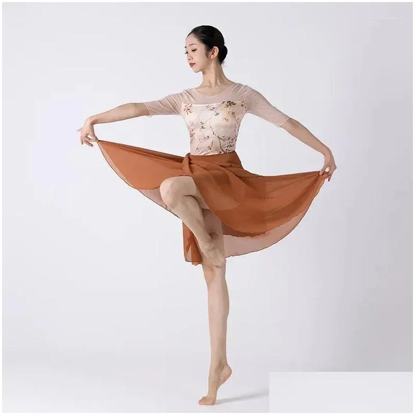 Stage Wear Ballet Dance Leotards For Women Mid Sleeve Floral Pattern Classical Swimwear Strap Irregar Apron Skirts Set Drop Delivery Dhzqo