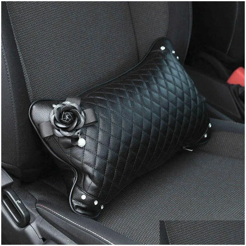 Seat Cushions New Pearl Black Camellia Flower Car Accessories Crystal Rhinestone Interior Decoration Leather Steering Wheel Er Seat Pi Dhh9T