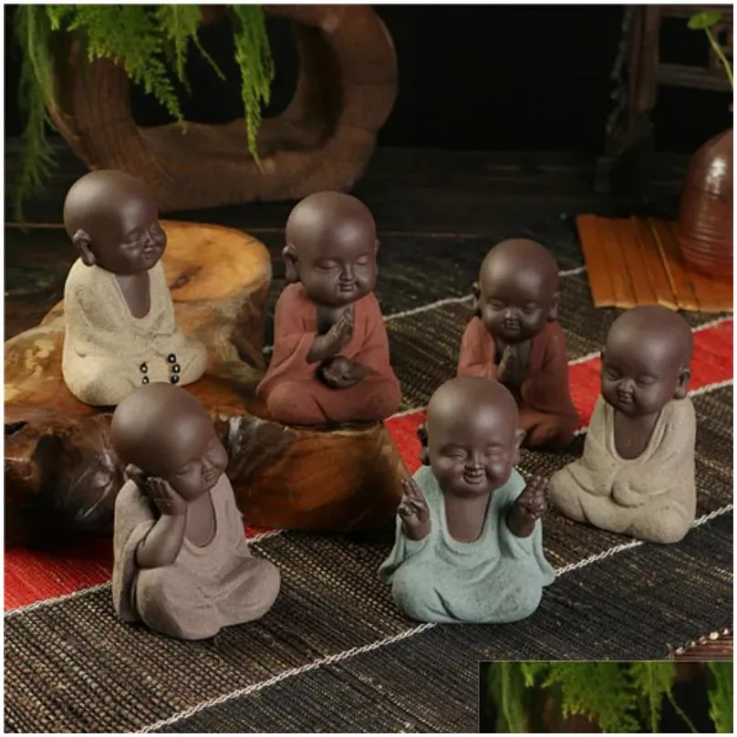 Tea Pets Buddha Statues Small Monk Color Sand Ceramic Home Club Geomantic Decoration Purple Figurines Pet 231216 Drop Delivery Dhyj1