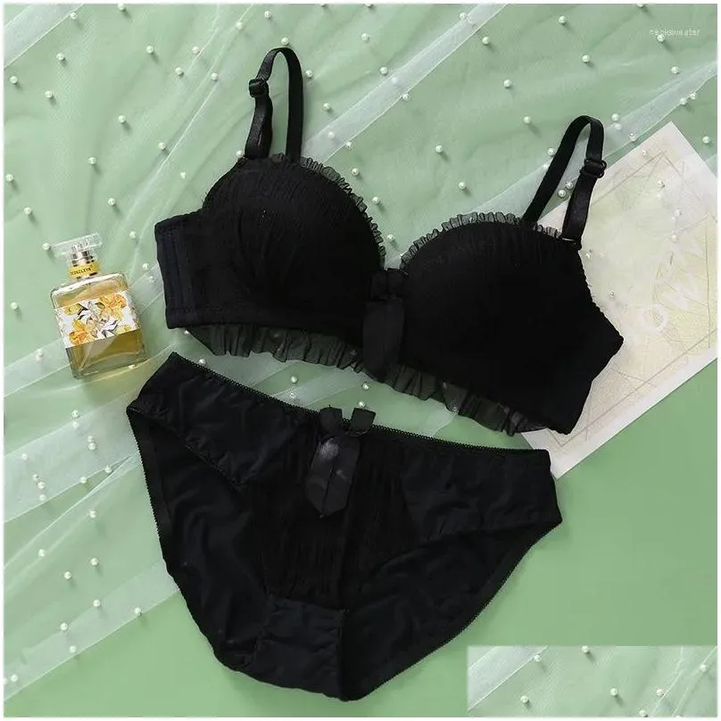 Bras Sets Y Lingerie Set For Women Push Up Cute Beauty Back Underwear Seamless Top Buckle Thin 3/4 Cup Black Bra Drop Delivery Dhho1