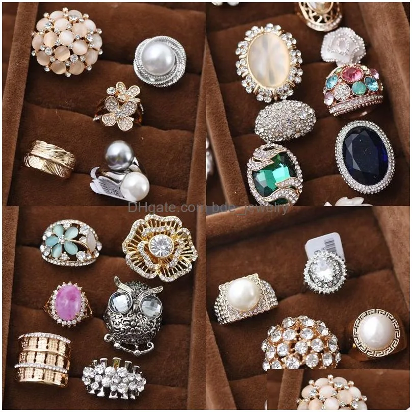 gold and silver plated gemstone alloy ring with rhinestones women fashion pearls rings micro insert mix different models