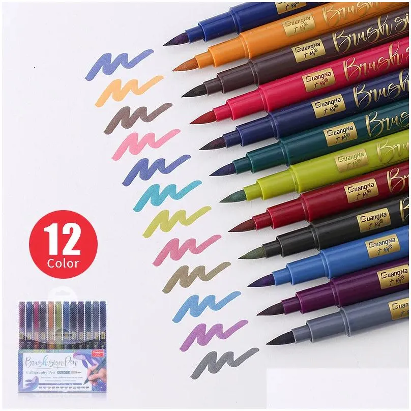 Markers Wholesale Markers 12 Colorset Write Brush Pen Calligraphy Marker Pens Set Ding Painting Watercolor Art 230807 Drop Delivery Of Dhd9H