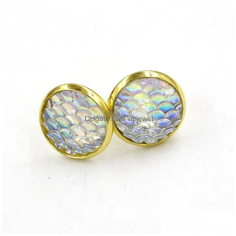 stud fashion gold color handmade 12mm druzy drusy resin mermaid fish scale pattern women earrings drop delivery jewelry dhsug