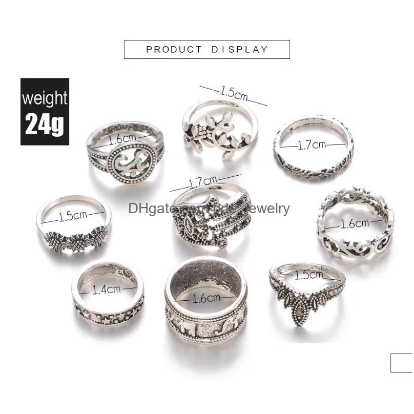 fashion women bohemia rings retro totem elephant palm crown knuckle ring 9 pcs in one set