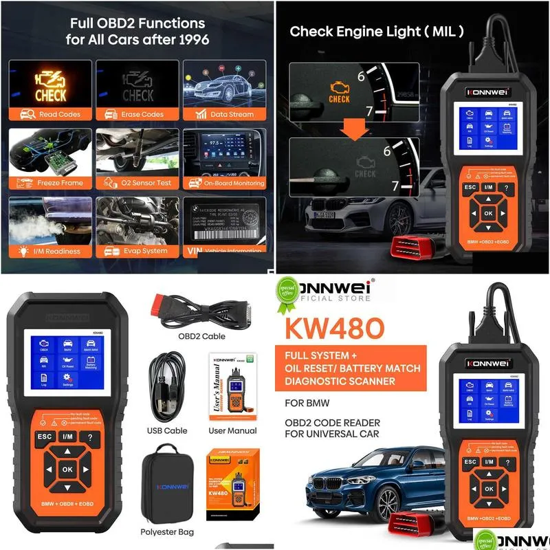 Diagnostic Tools New Konnwei Kw480 Obd2 Scanner For Cars Obd 2 Abs Airbag Srs Oil Rest Fl Systems Diagnostic Tool Battery Match E38 E4 Dhkky