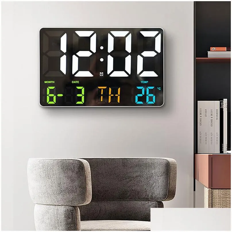 Wall Clocks Remote Control Large Electronic -Mounted Digital Led Light Sensing Temp Date Power Off Memory Table 220930 Drop Delivery Dhzay