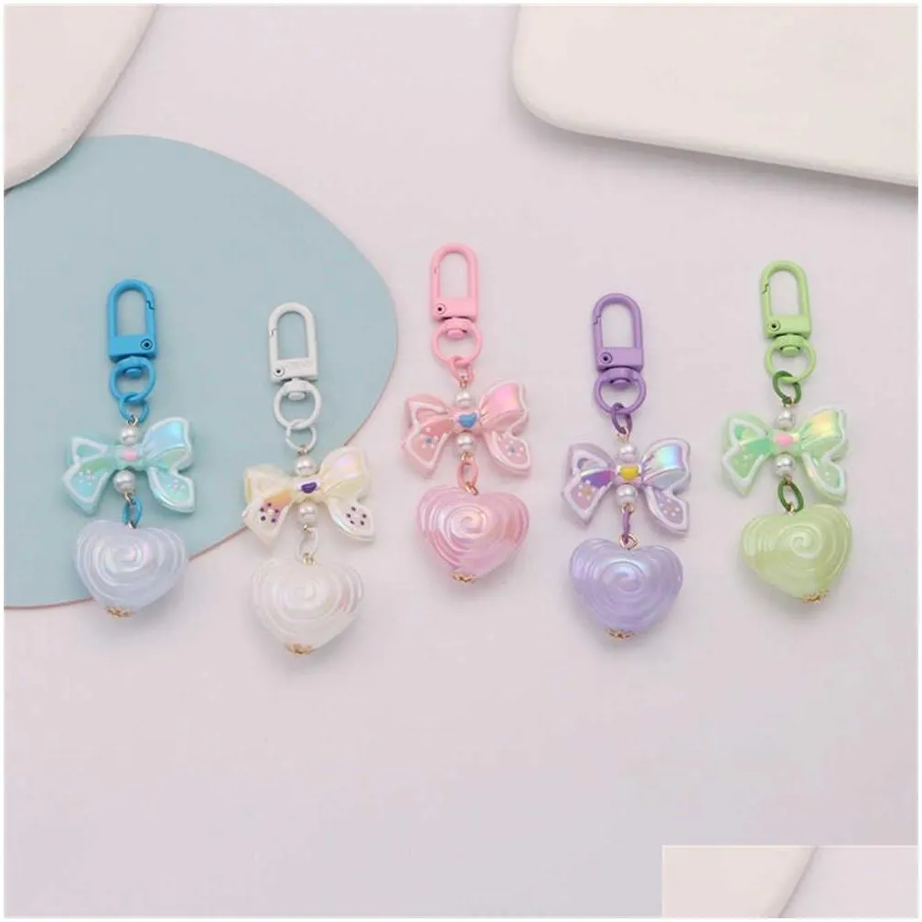 Car Key New Sweet Love Bow Keychain Small  Colour Plated Acrylic Keyring For Women Girls Creative Headphone Case Accessories Diy Dhfs0